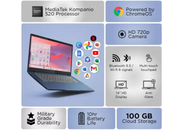 Lenovo Chromebook MediaTek Kompanio 520 - (4 GB/128 GB EMMC Storage/Chrome OS) 14M868 Chromebook  (14 Inch, Abyss Blue, 1.3 Kg)
